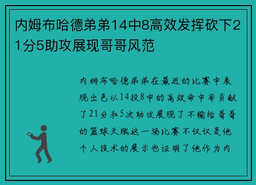 内姆布哈德弟弟14中8高效发挥砍下21分5助攻展现哥哥风范